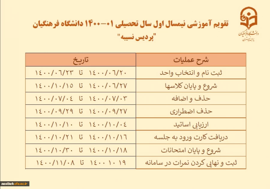 تقویم آموزشی نیمسال اول سال تحصیلی  01-1400 دانشگاه فرهنگیان «پردیس نسیبه» 2