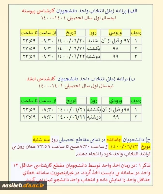 برنامه زمانی انتخاب واحد دانشجویان کارشناسی پیوسته، ارشد و جامانده ها