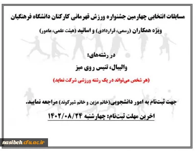 مسابقات انتخابی چهارمین جشنواره ورزش قهرمانی کارکنان دانشگاه فرهنگیان ویژه همکاران و استادان